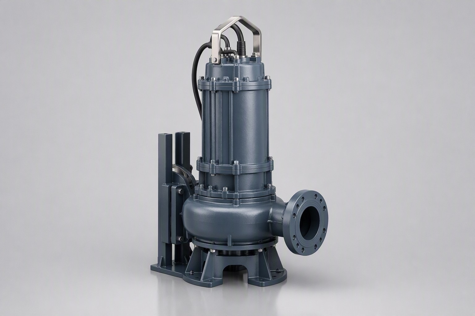Submerged vertical wastewater pump installed for wet-well lift station duty